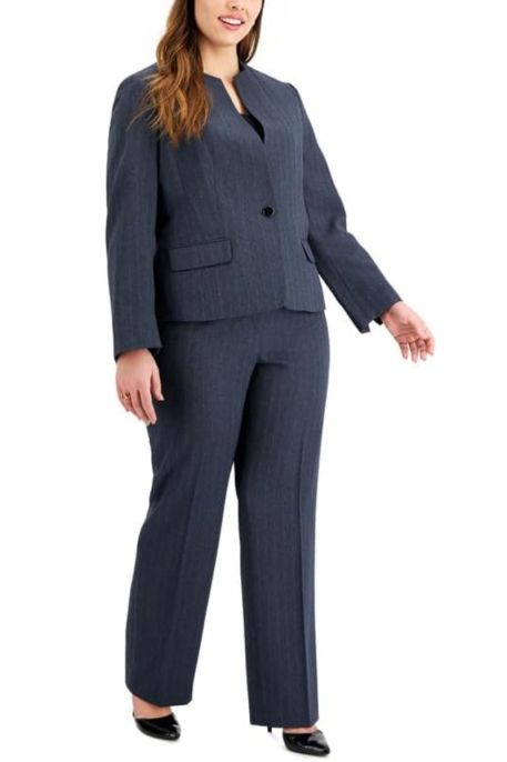 Le Suit One-Button Collarless Straight-Leg Pantsuit ( Plus Size )