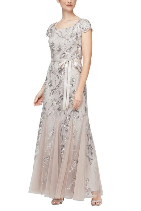 Alex Evenings boat neck cap sleeve tie waist embroidered mesh gown with godet detail skirt