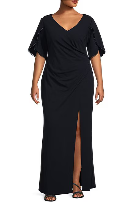 Adrianna Papell V-Neck Embellished Sleeve Slit Front Zipper Back Crepe Dress ( Plus Size )