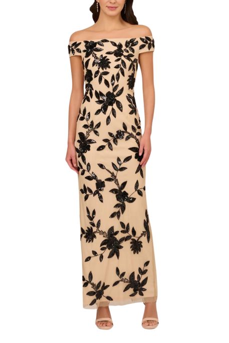 Adrianna Papell Beaded Floral Mesh Off-the-Shoulder Cap Sleeve Sheath Gown