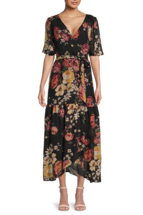 Donna Ricco Floral Flutter Sleeve Chiffon Maxi Dress