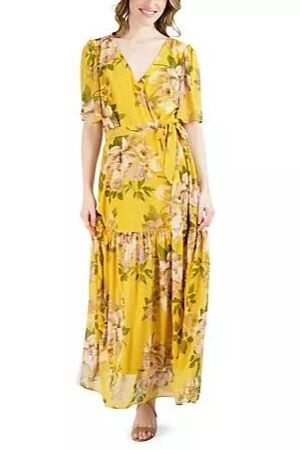Donna Ricco V-Neck Flutter Sleeve A-Line Maxi Dress
