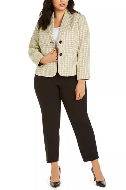 Le Suit Two Button Notch Collar Plaid Tweed-Jacket Pants Suit (Plus Size)