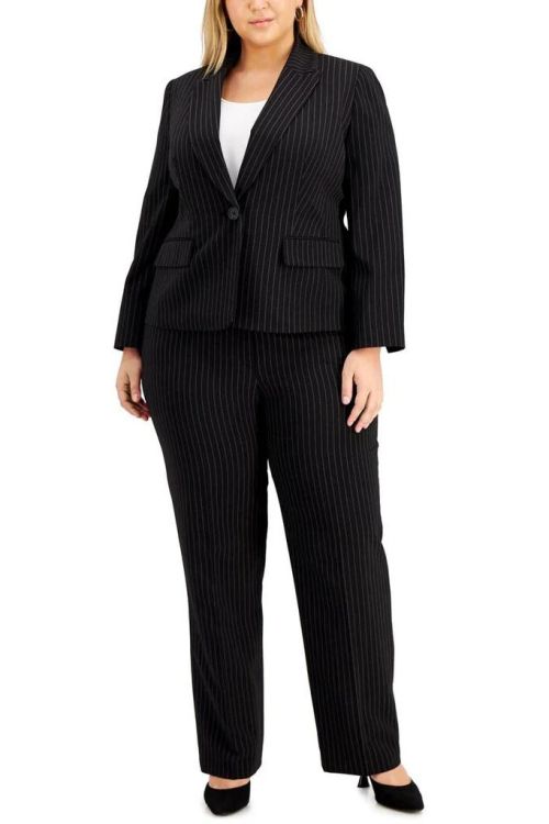 Le Suit One Button Pinstriped Suit ( Plus Size )