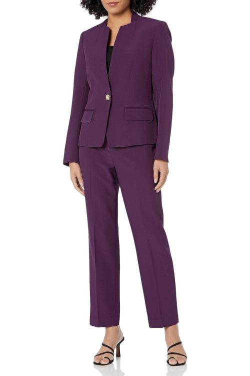 Le Suit Herringbone Collarless Seamed Jacket & Side Zip Pant
