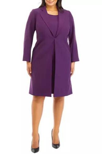 Le Suit Crepe Long Coat & Sheath Dress (Plus Size)