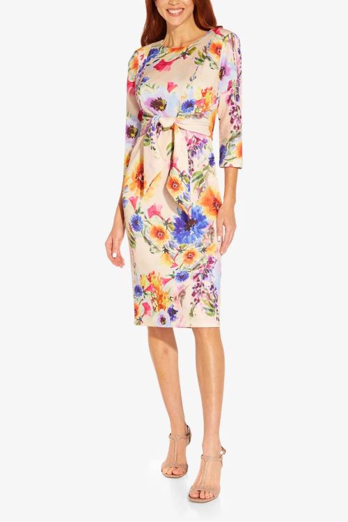 Adrianna Papell Floral Print Tie Front Midi Sheath Dress