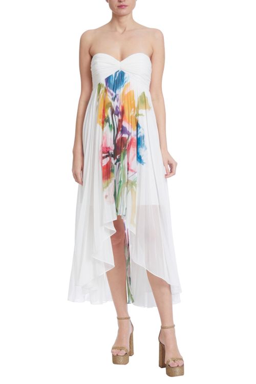 Badgley Mischka Floral Strapless High Low Pleated Cocktail