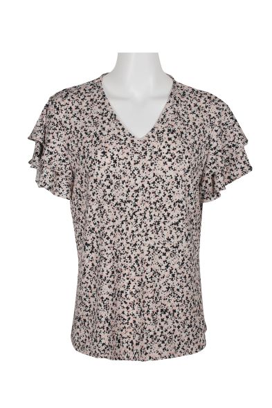 Adrianna Papell V-Neck Double Flutter Short Sleeve Printed Knit Moss Crepe Top